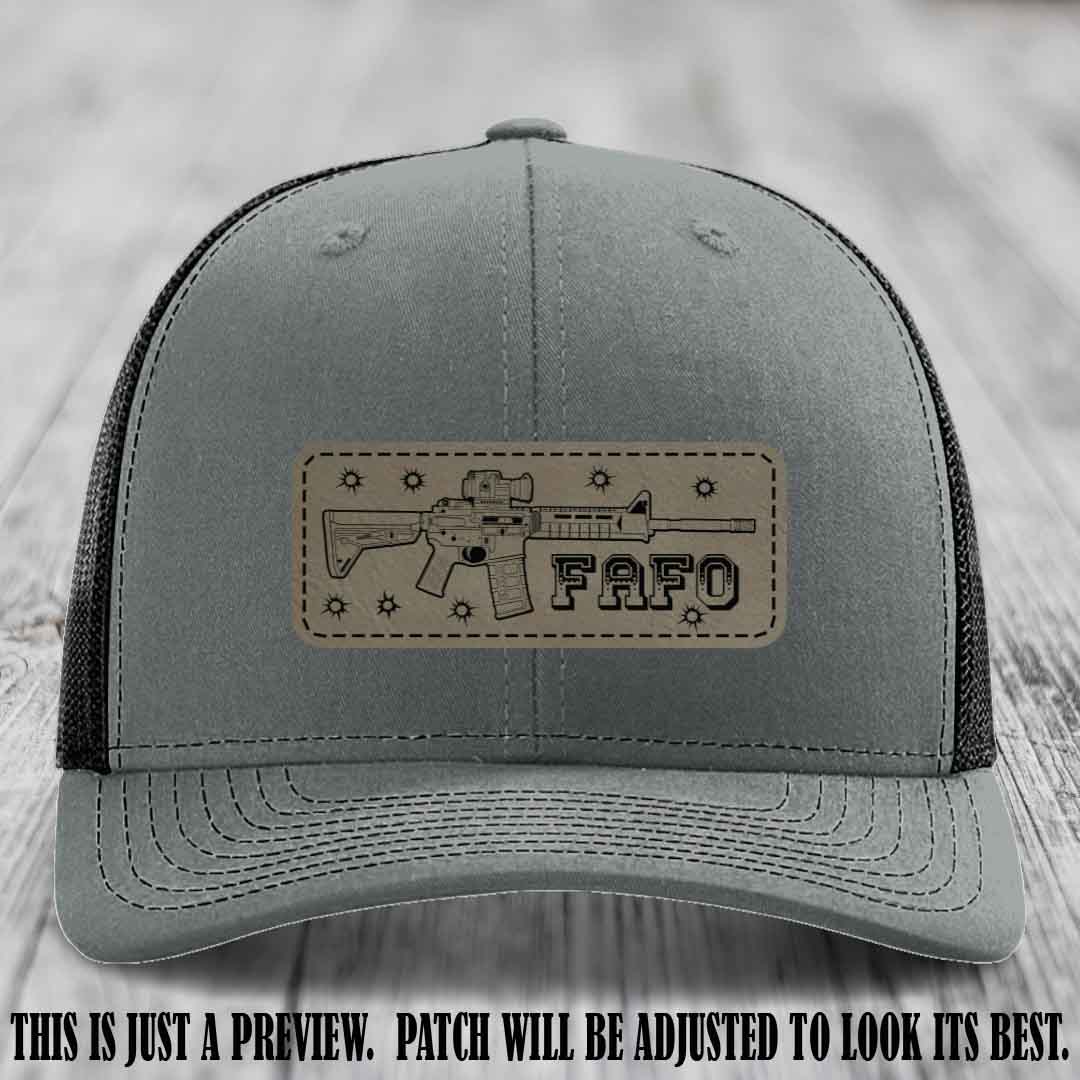 Light Brown to Black FAFO Leather Patch Hat on Heather Grey to Black Hat