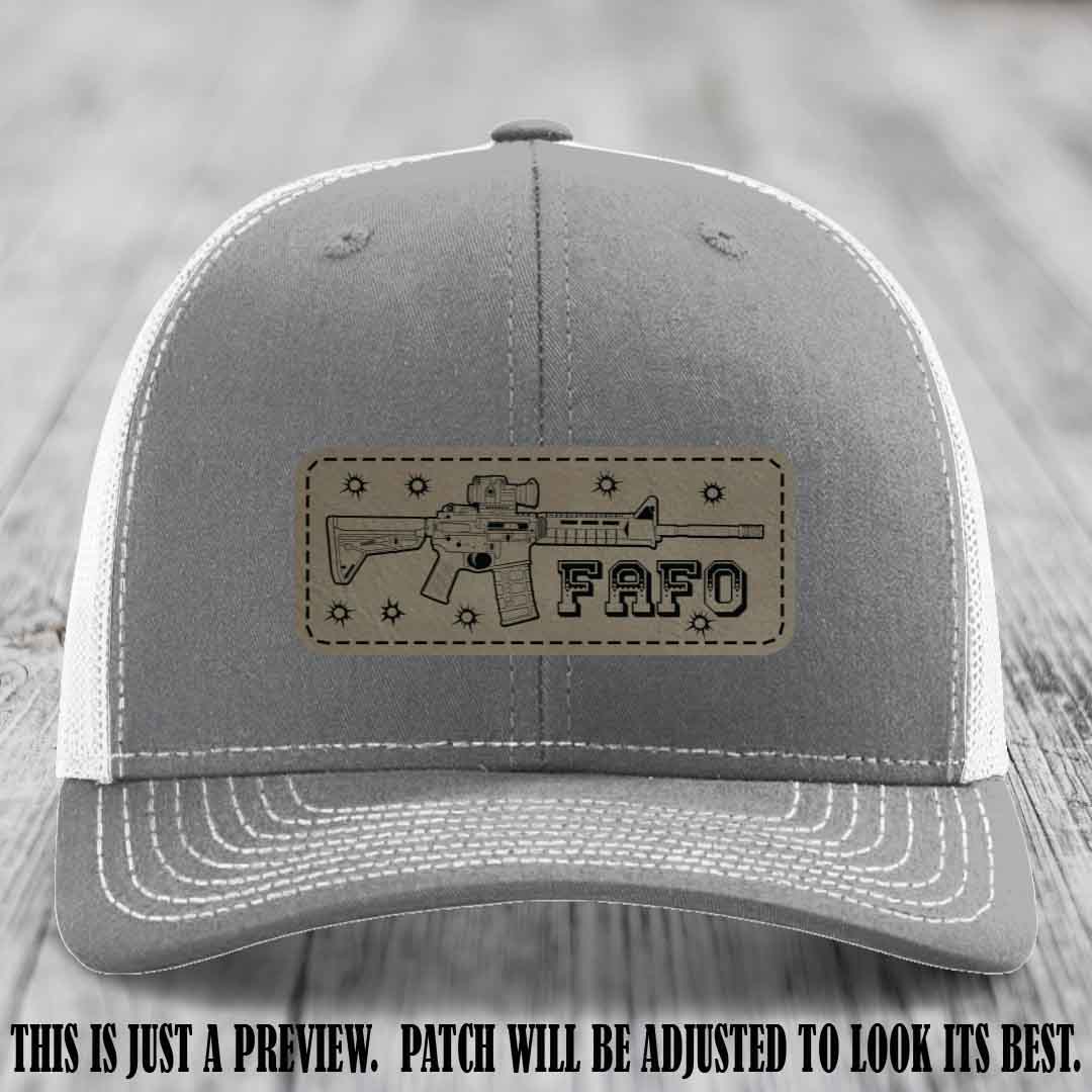 Light Brown to Black FAFO Leather Patch Hat on Heather Grey to White Hat