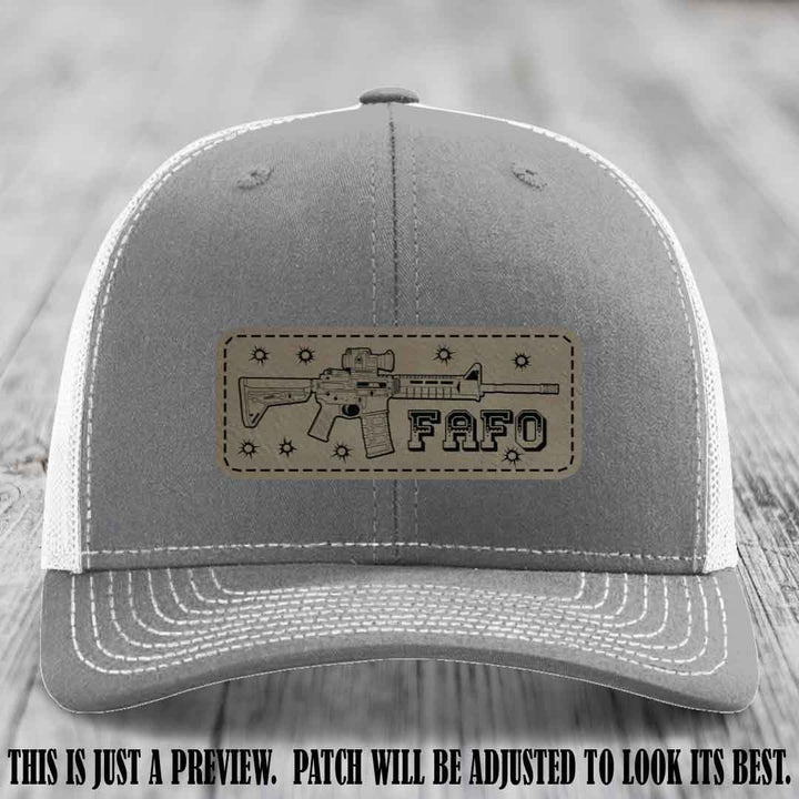 Light Brown to Black FAFO Leather Patch Hat on Heather Grey to White Hat