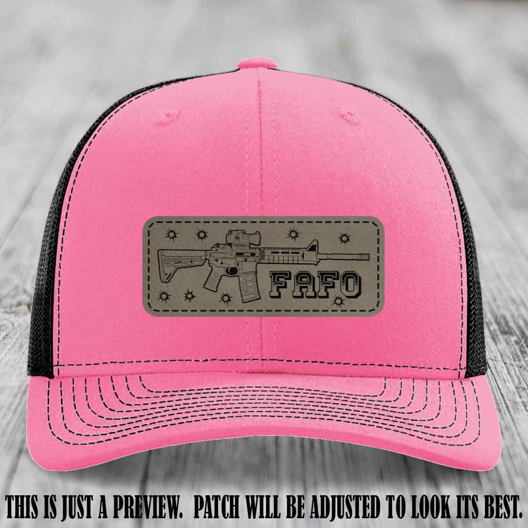 Light Brown to Black FAFO Leather Patch Hat on Hot Pink to Black Hat