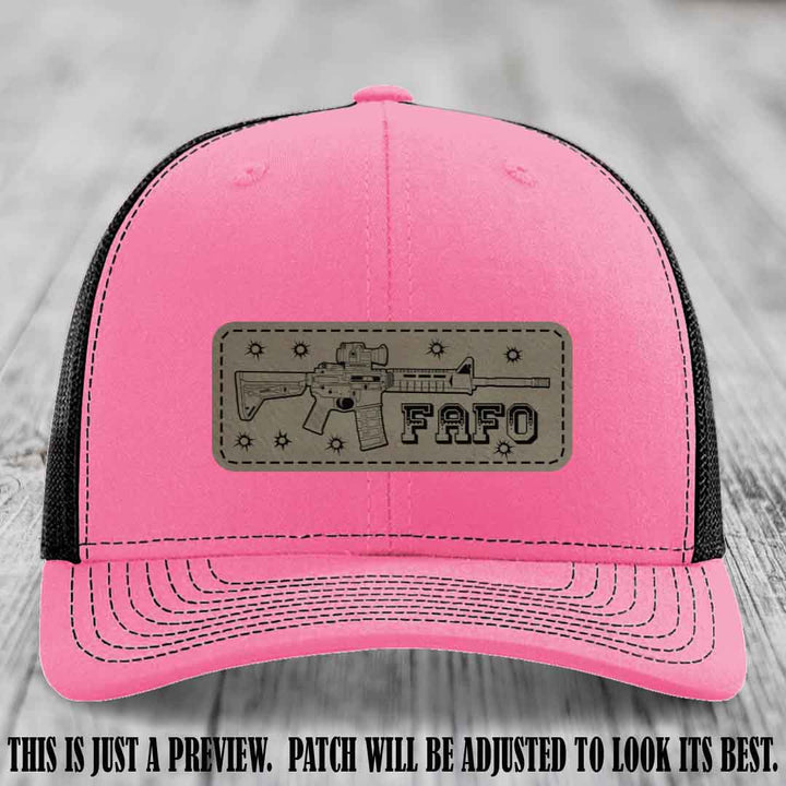 Light Brown to Black FAFO Leather Patch Hat on Hot Pink to Black Hat