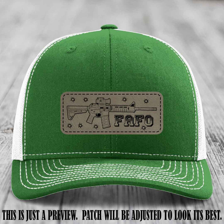 Light Brown to Black FAFO Leather Patch Hat on Kelly to White Hat