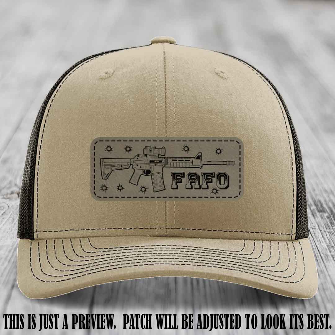 Light Brown to Black FAFO Leather Patch Hat on Khaki to Coffee Hat