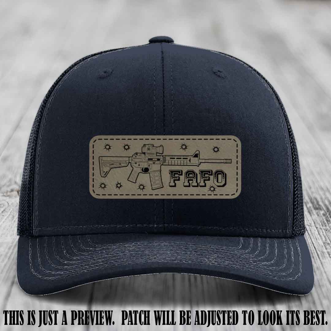 Light Brown to Black FAFO Leather Patch Hat on Navy Hat
