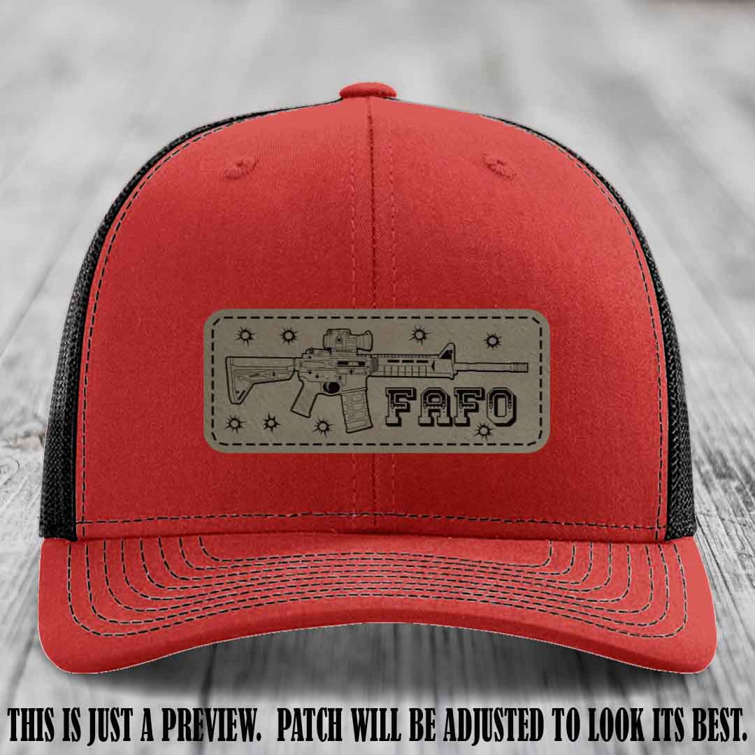 Light Brown to Black FAFO Leather Patch Hat on Red to Black Hat