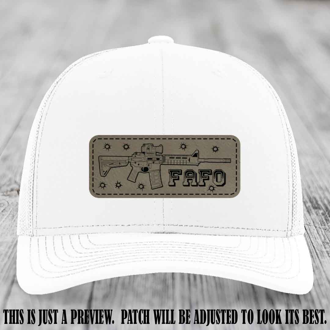 Light Brown to Black FAFO Leather Patch Hat on White Hat