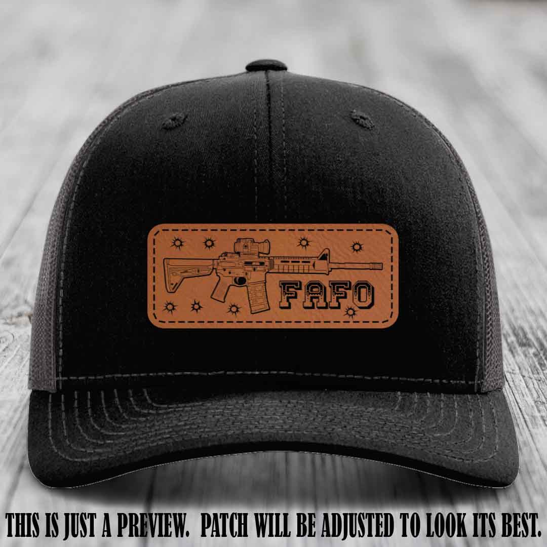 Rawhide to Black FAFO Leather Patch Hat on Black to Charcoal Hat