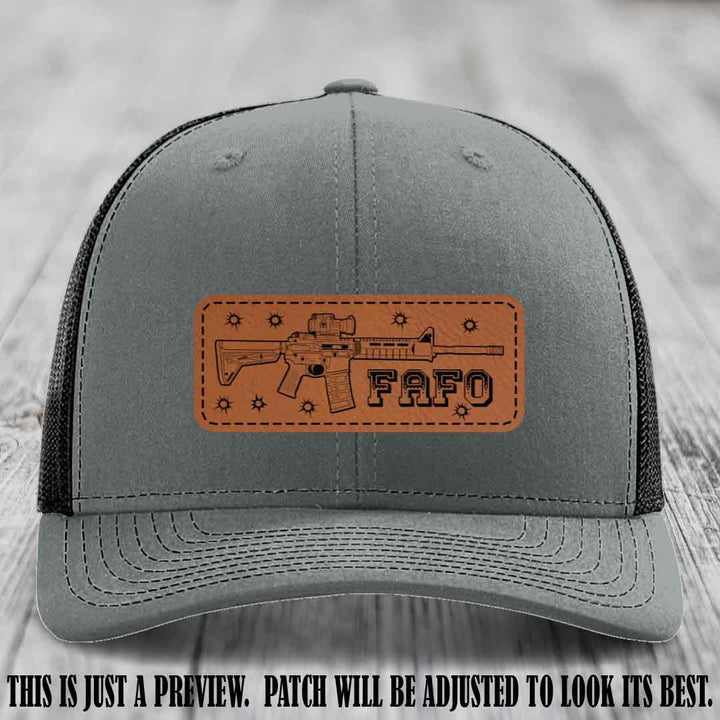 Rawhide to Black FAFO Leather Patch Hat on Heather Grey to Black Hat