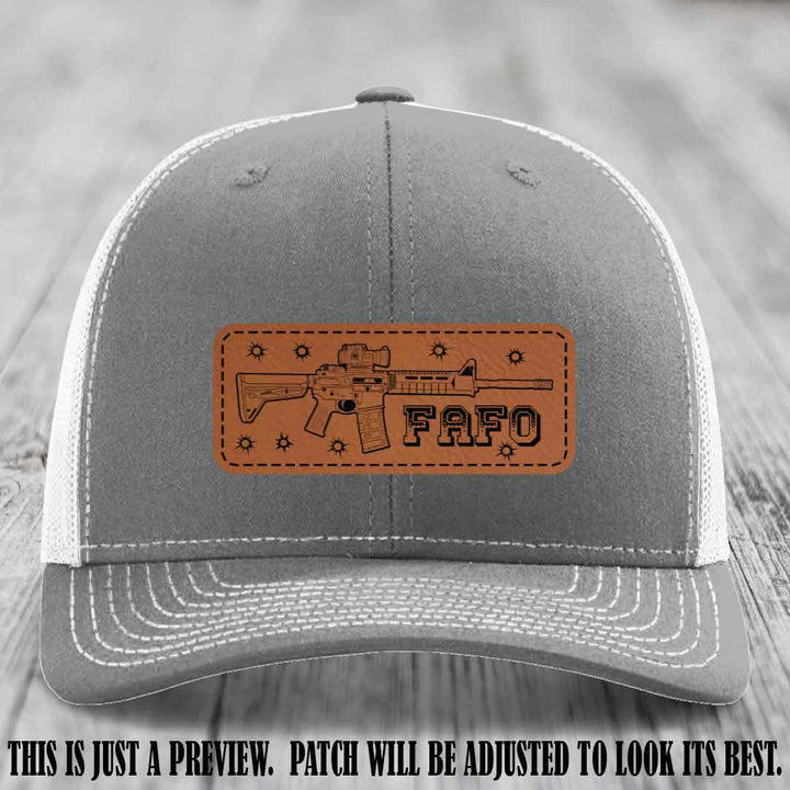 Rawhide to Black FAFO Leather Patch Hat on Heather Grey to White Hat