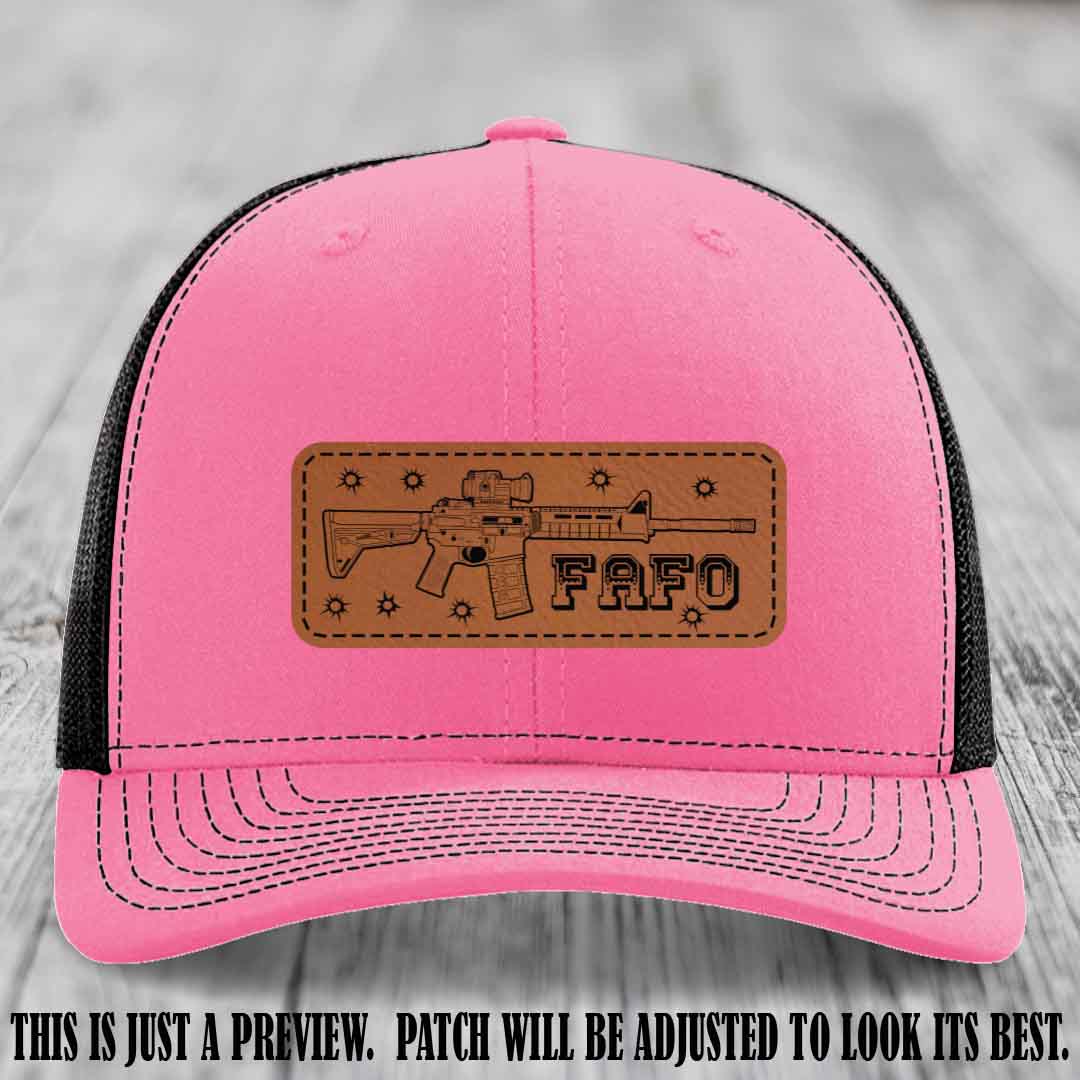 Rawhide to Black FAFO Leather Patch Hat on Hot Pink to Black Hat