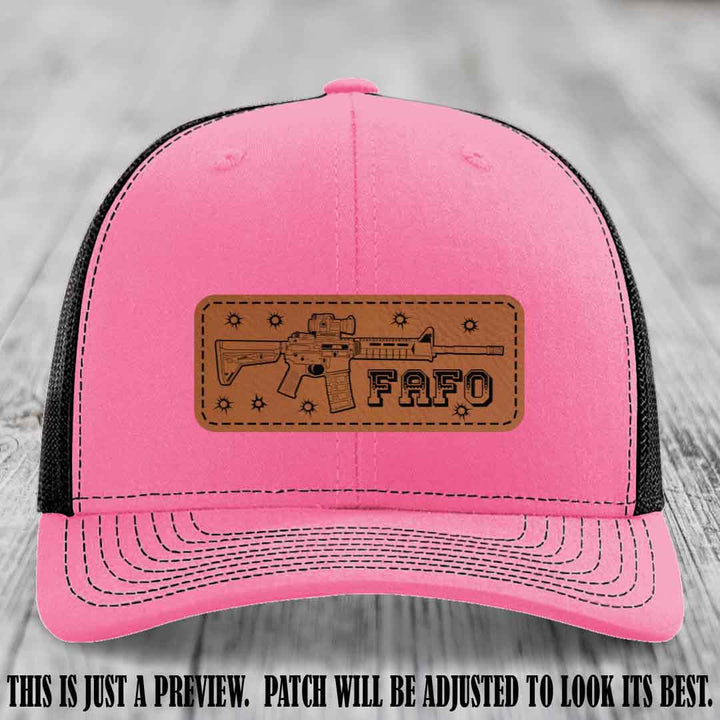 Rawhide to Black FAFO Leather Patch Hat on Hot Pink to Black Hat