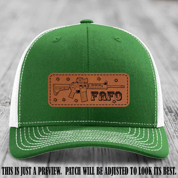 Rawhide to Black FAFO Leather Patch Hat on Kelly to White Hat