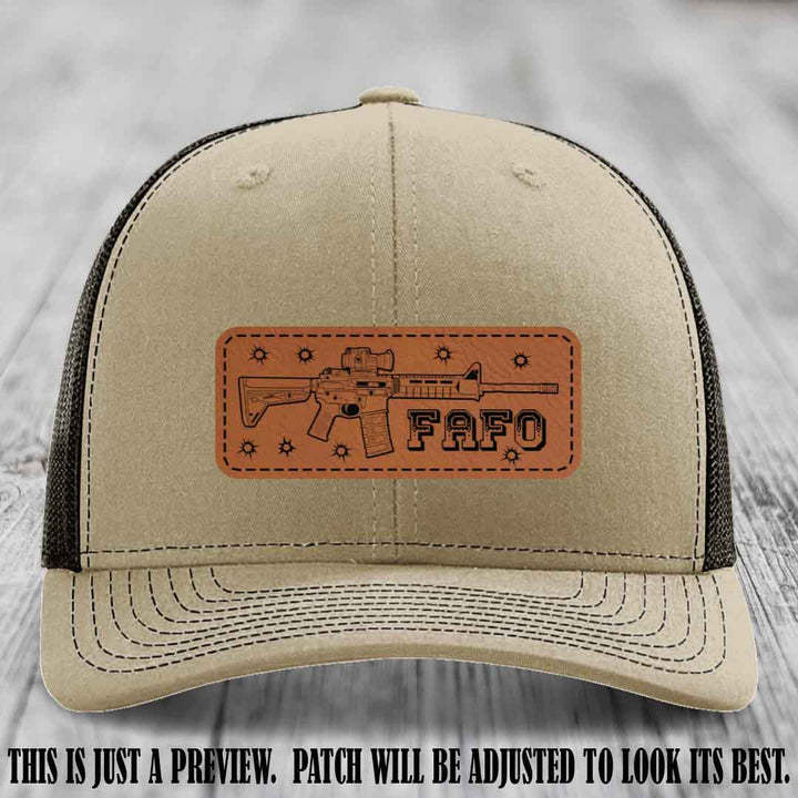 Rawhide to Black FAFO Leather Patch Hat on Khaki to Coffee Hat