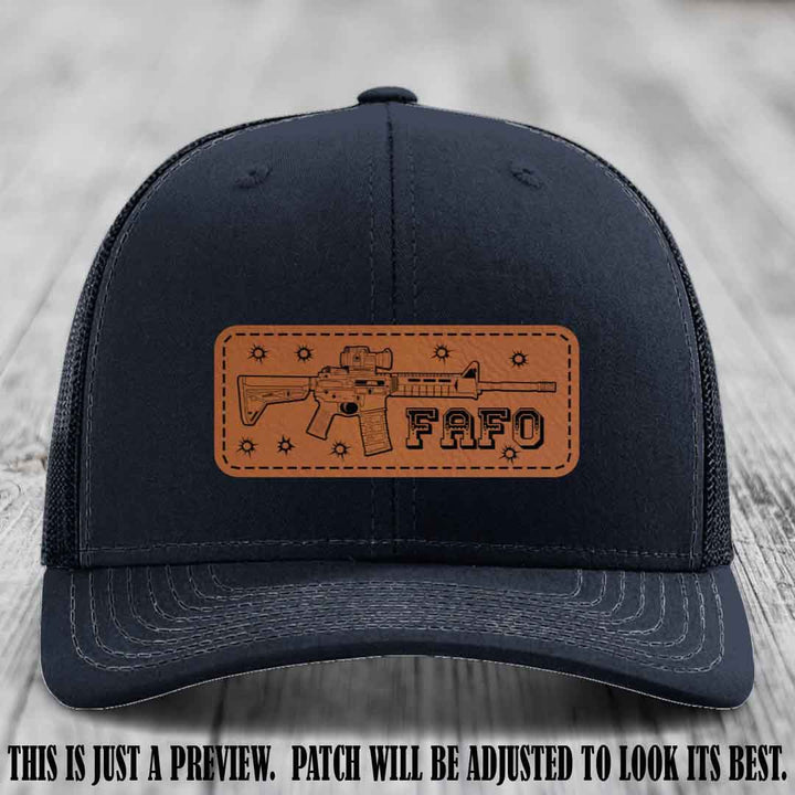 Rawhide to Black FAFO Leather Patch Hat on Navy Hat