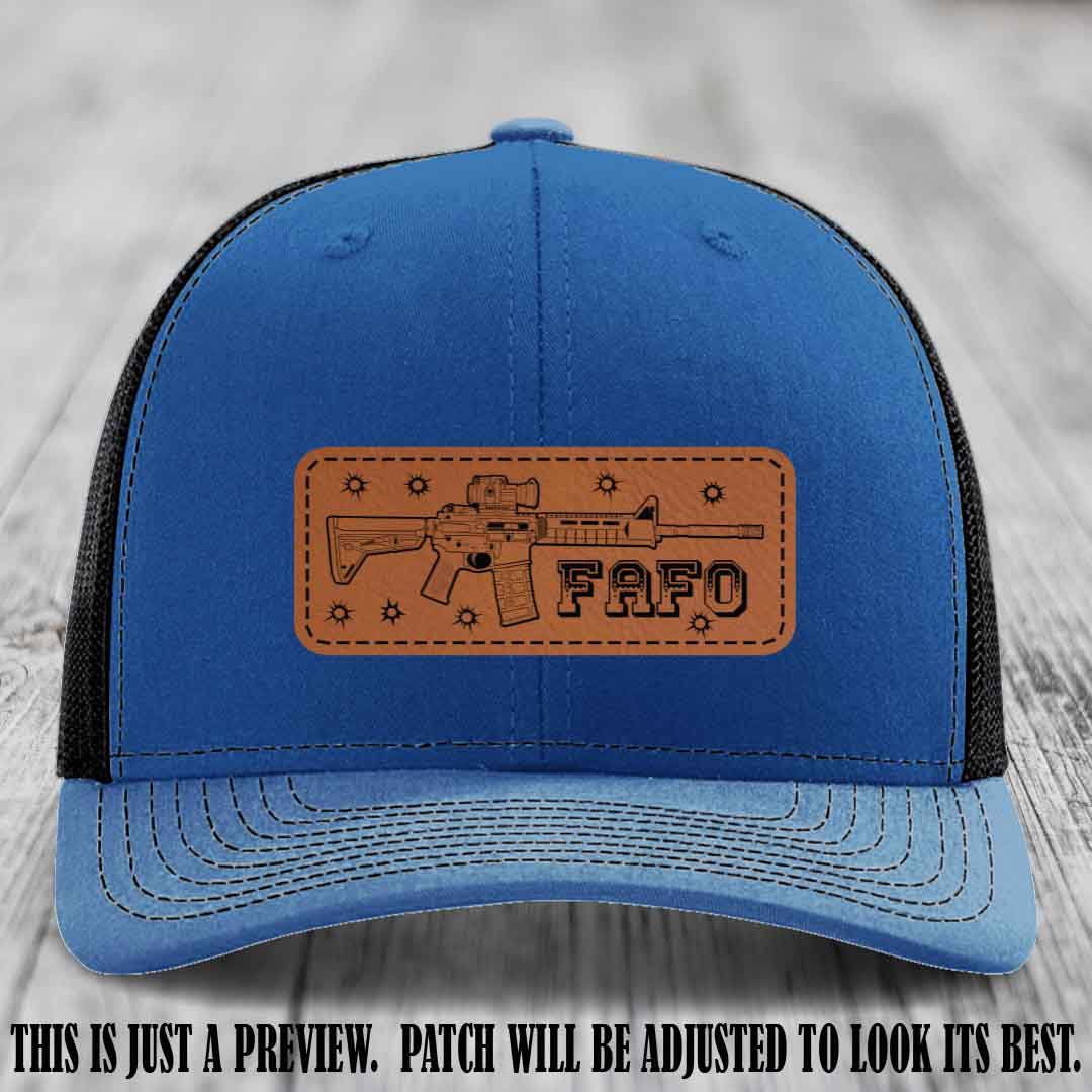 Rawhide to Black FAFO Leather Patch Hat on Royal to Black Hat