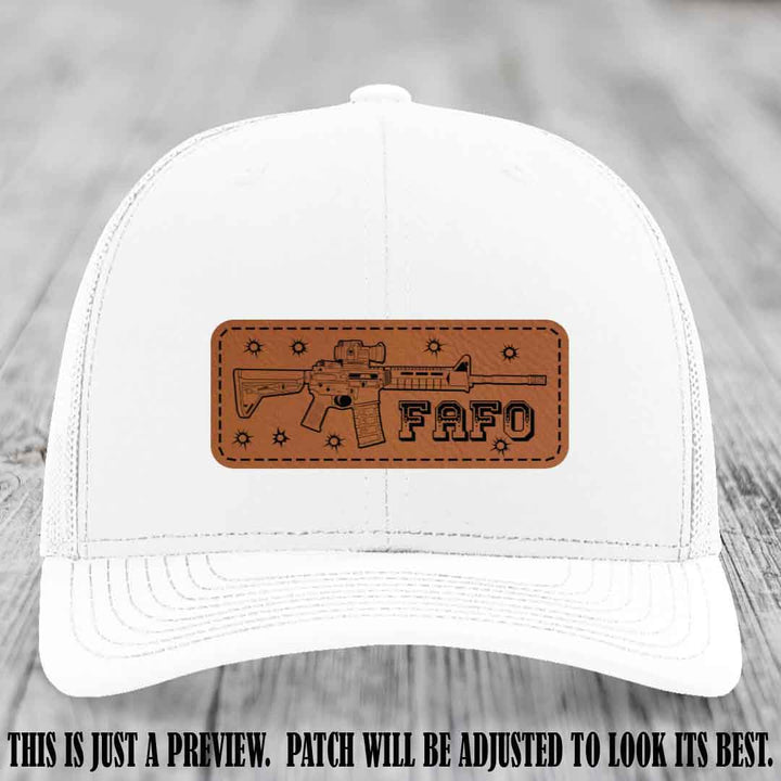Rawhide to Black FAFO Leather Patch Hat on White Hat
