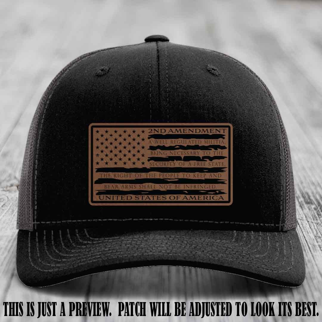 2nd Amendment Freedom Flag Dark Brown to Black Patch Leather patch on Richardson 112 trucker hats - Black to Charcoal Hat