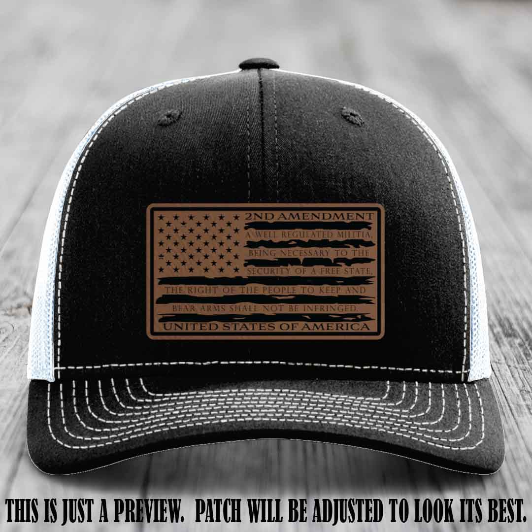 2nd Amendment Freedom Flag Dark Brown to Black Patch Leather patch on Richardson 112 trucker hats - Black to White Hat