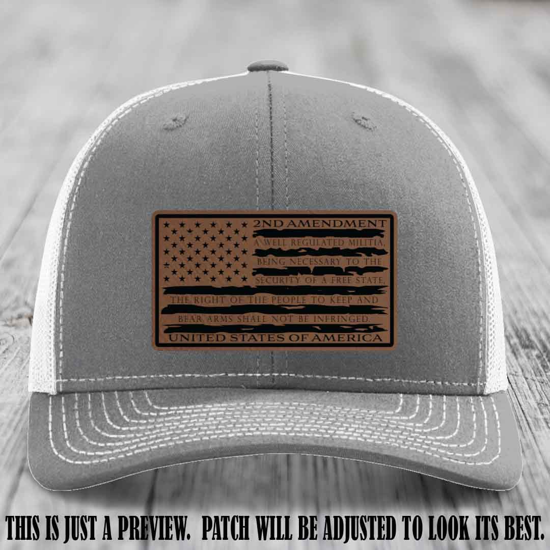 2nd Amendment Freedom Flag Dark Brown to Black Patch Leather patch on Richardson 112 trucker hats - Heather Grey to White Hat
