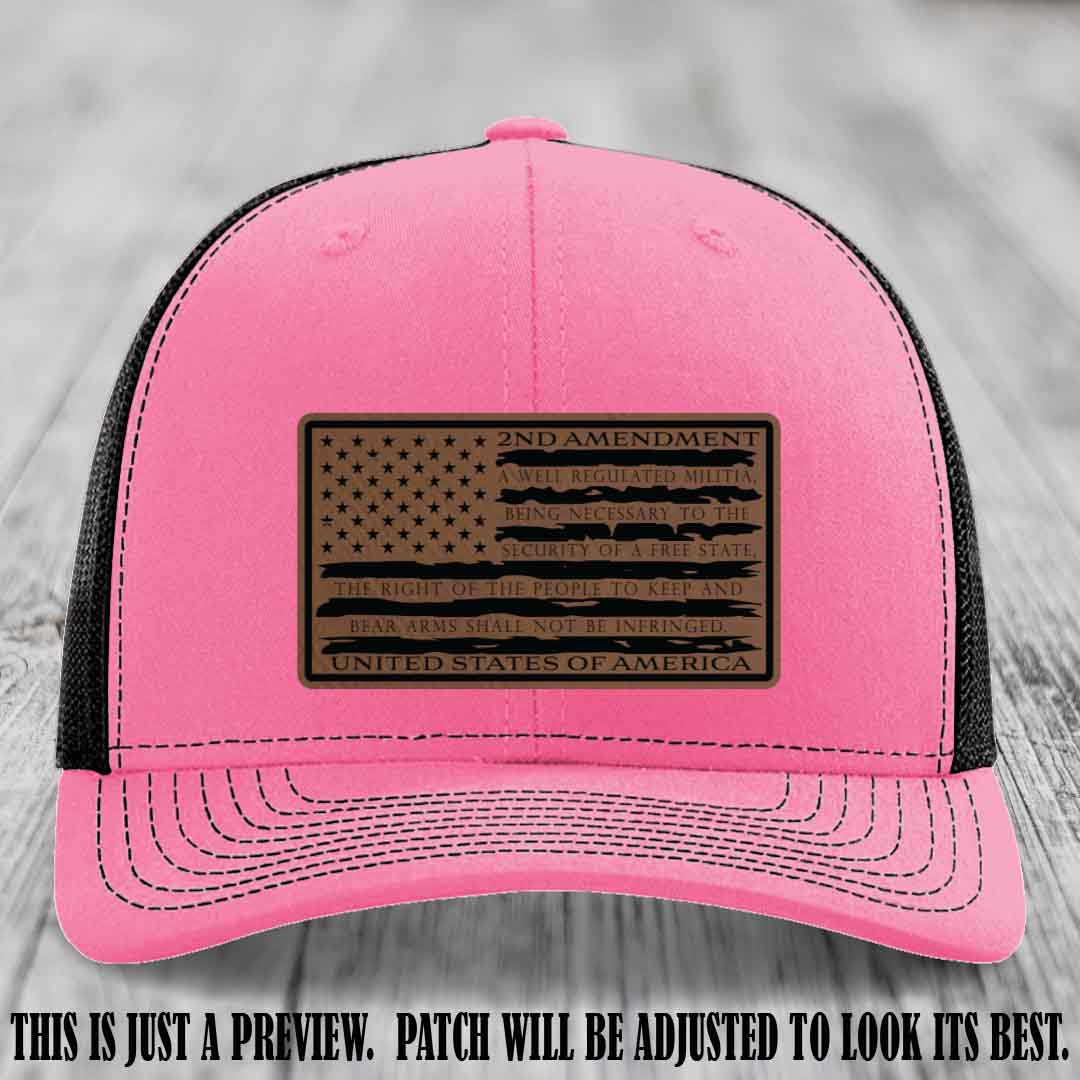 2nd Amendment Freedom Flag Dark Brown to Black Patch Leather patch on Richardson 112 trucker hats - Hot Pink to Black Hat