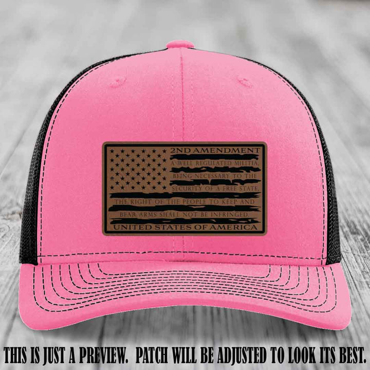 2nd Amendment Freedom Flag Dark Brown to Black Patch Leather patch on Richardson 112 trucker hats - Hot Pink to Black Hat