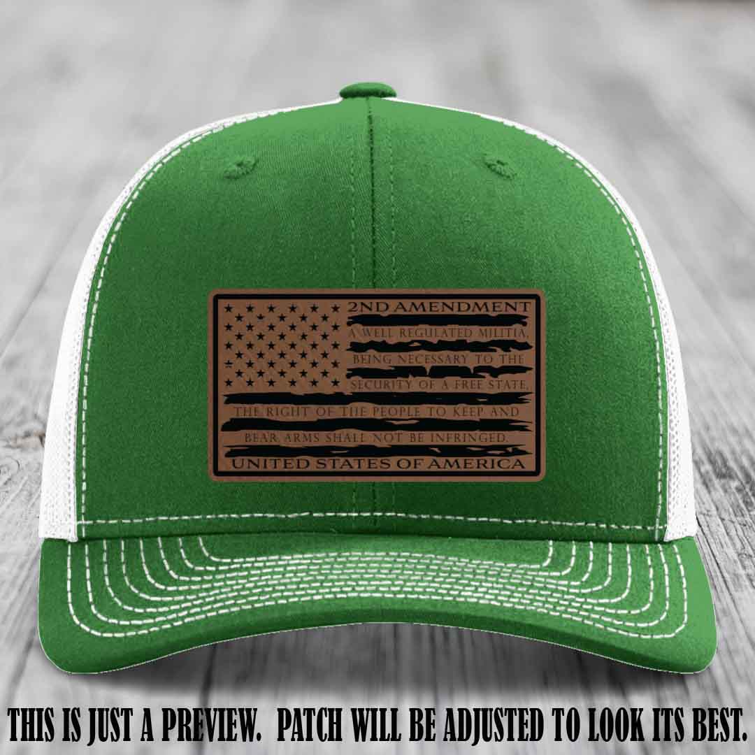 2nd Amendment Freedom Flag Dark Brown to Black Patch Leather patch on Richardson 112 trucker hats - Kelly to White Hat