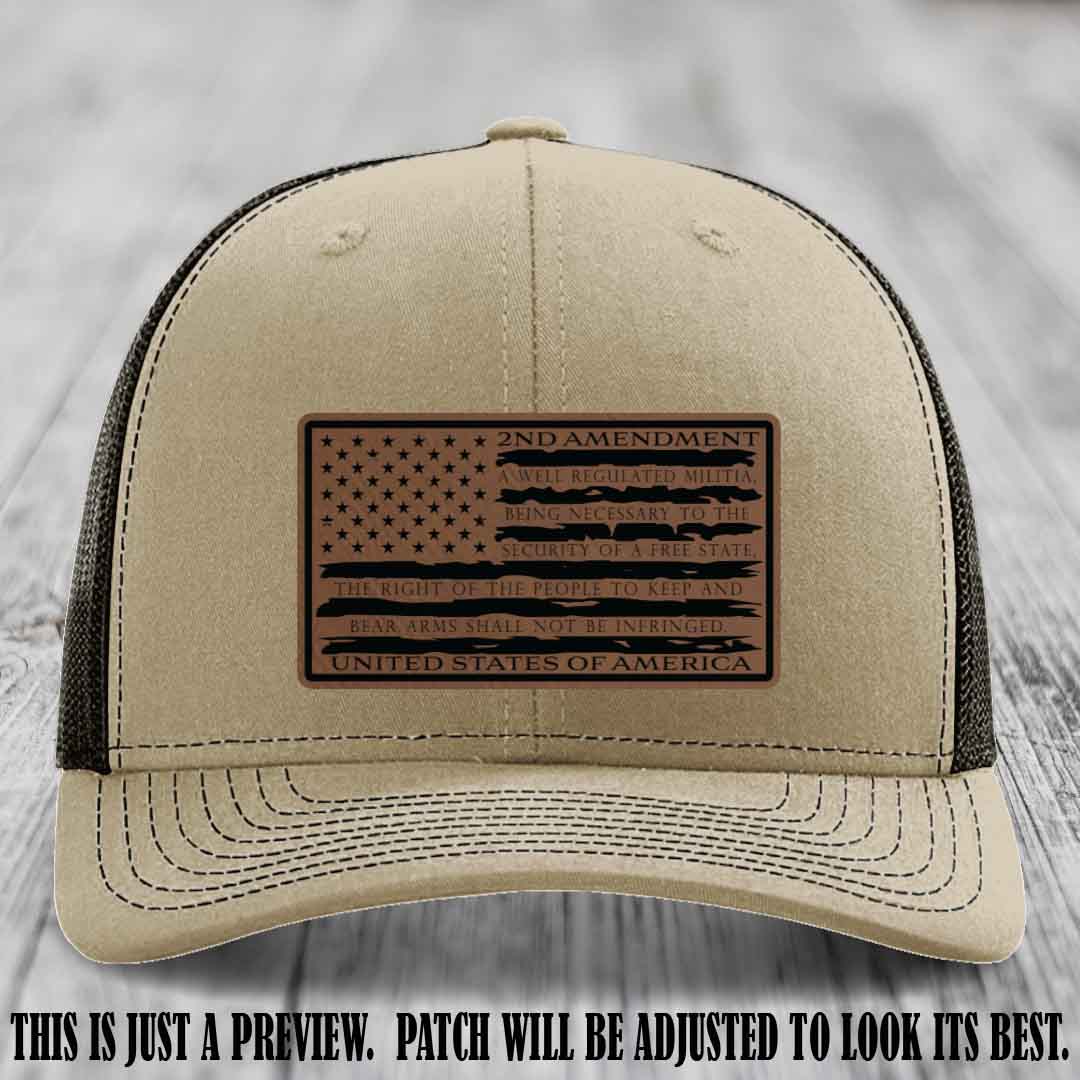 2nd Amendment Freedom Flag Dark Brown to Black Patch Leather patch on Richardson 112 trucker hats - Khaki to Coffee Hat
