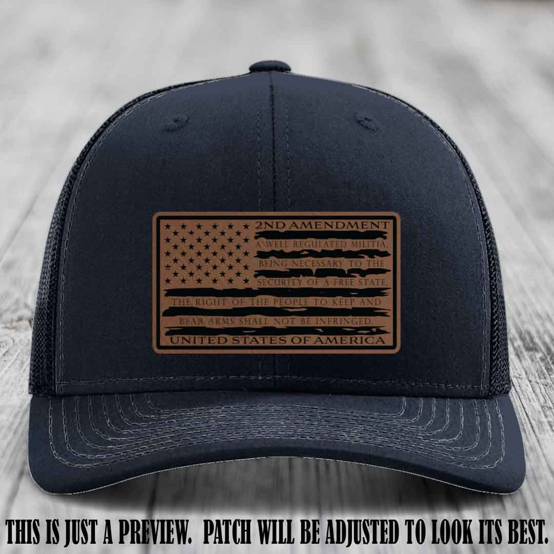 2nd Amendment Freedom Flag Dark Brown to Black Patch Leather patch on Richardson 112 trucker hats - Navy Hat