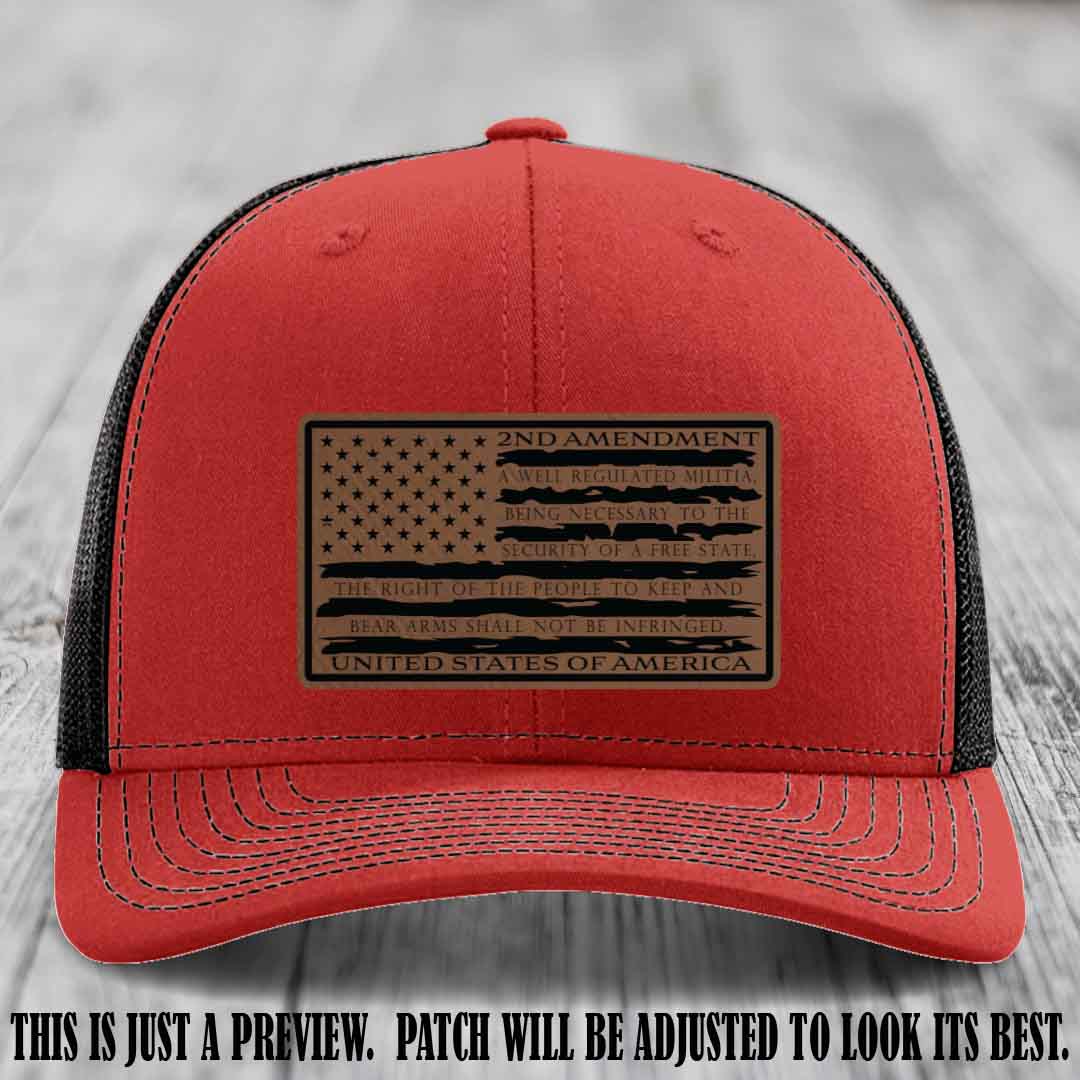 2nd Amendment Freedom Flag Dark Brown to Black Patch Leather patch on Richardson 112 trucker hats - Red to Black Hat