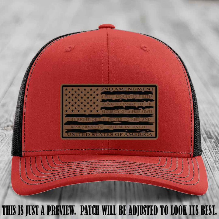 2nd Amendment Freedom Flag Dark Brown to Black Patch Leather patch on Richardson 112 trucker hats - Red to Black Hat