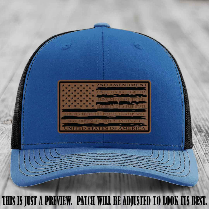 2nd Amendment Freedom Flag Dark Brown to Black Patch Leather patch on Richardson 112 trucker hats - Royal to Black Hat