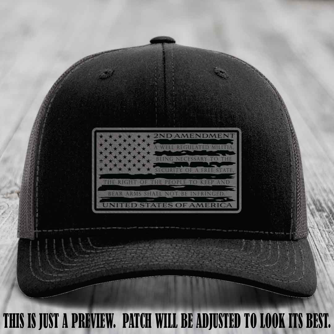 2nd Amendment Freedom Flag Grey to Black Patch Leather patch on Richardson 112 trucker hats - Black to Charcoal Hat