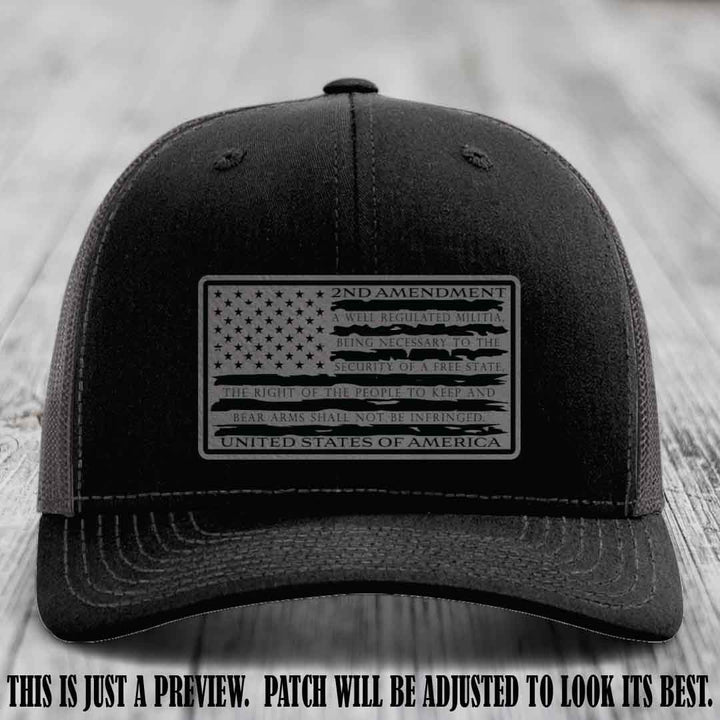2nd Amendment Freedom Flag Grey to Black Patch Leather patch on Richardson 112 trucker hats - Black to Charcoal Hat