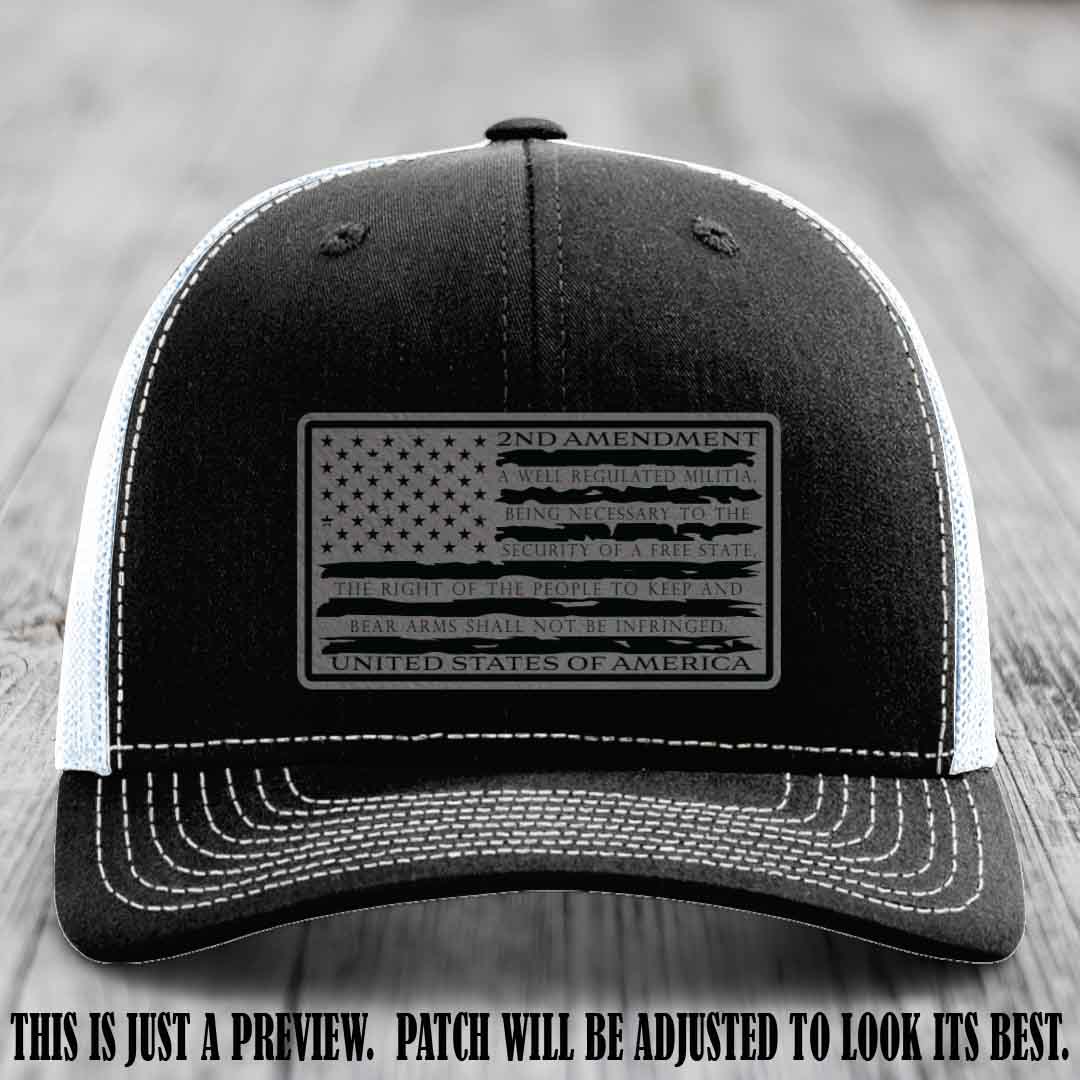 2nd Amendment Freedom Flag Grey to Black Patch Leather patch on Richardson 112 trucker hats - Black to White Hat