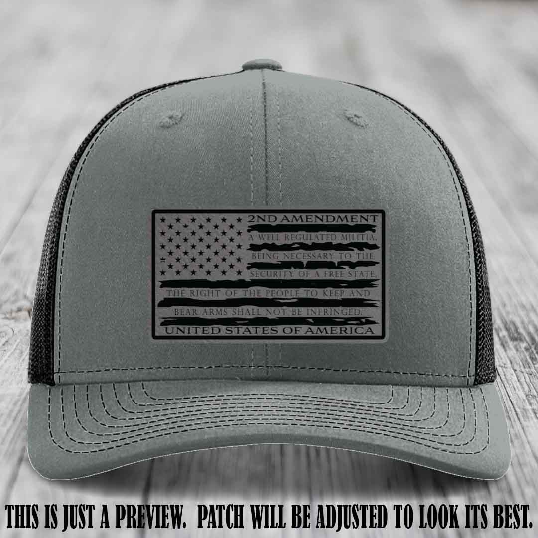 2nd Amendment Freedom Flag Grey to Black Patch Leather patch on Richardson 112 trucker hats - Heather Grey to Black Hat