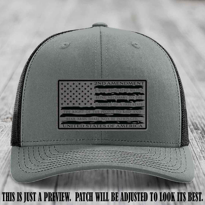 2nd Amendment Freedom Flag Grey to Black Patch Leather patch on Richardson 112 trucker hats - Heather Grey to Black Hat