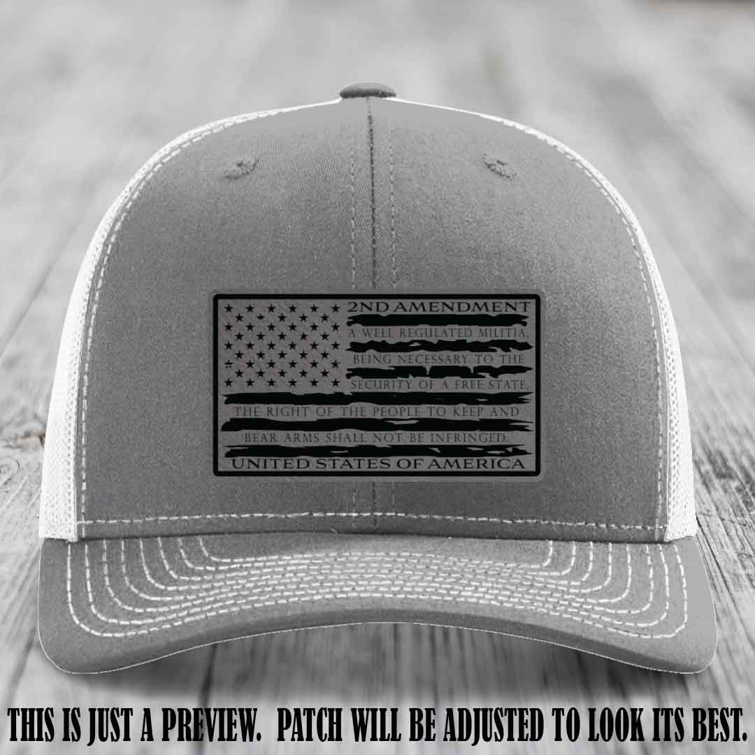 2nd Amendment Freedom Flag Grey to Black Patch Leather patch on Richardson 112 trucker hats - Heather Grey to White Hat