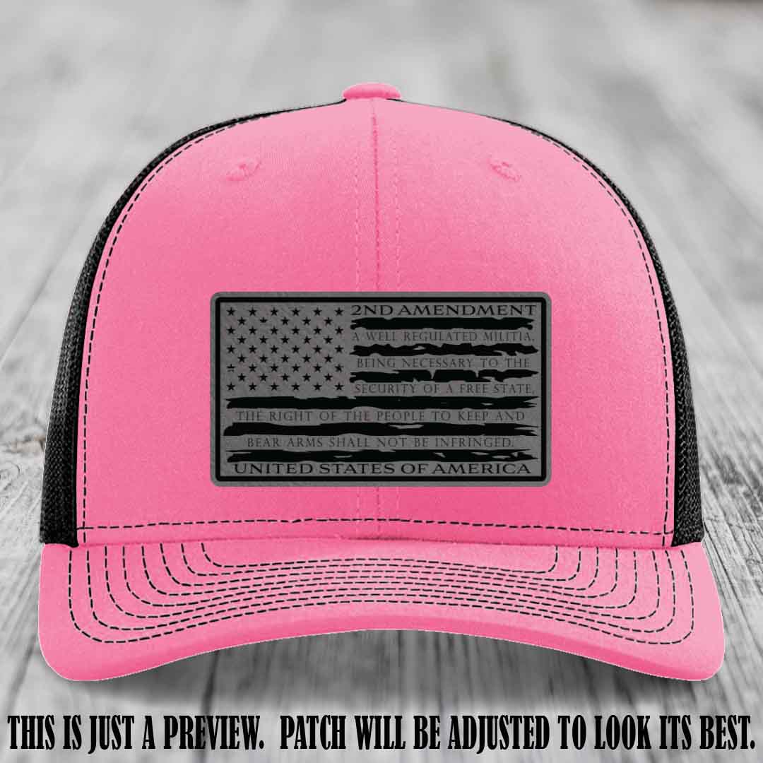 2nd Amendment Freedom Flag Grey to Black Patch Leather patch on Richardson 112 trucker hats - Hot Pink to Black Hat