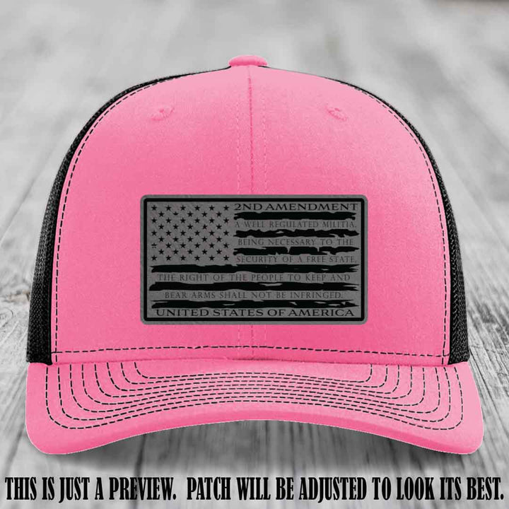 2nd Amendment Freedom Flag Grey to Black Patch Leather patch on Richardson 112 trucker hats - Hot Pink to Black Hat