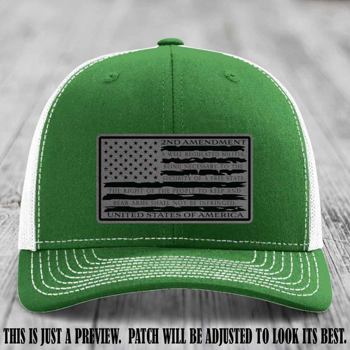 2nd Amendment Freedom Flag Grey to Black Patch Leather patch on Richardson 112 trucker hats - Kelly to White Hat