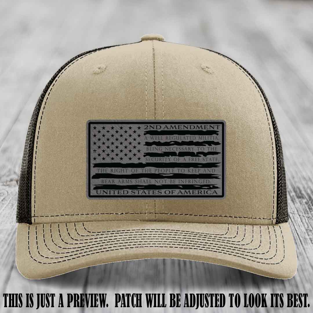 2nd Amendment Freedom Flag Grey to Black Patch Leather patch on Richardson 112 trucker hats - Khaki to Coffee Hat