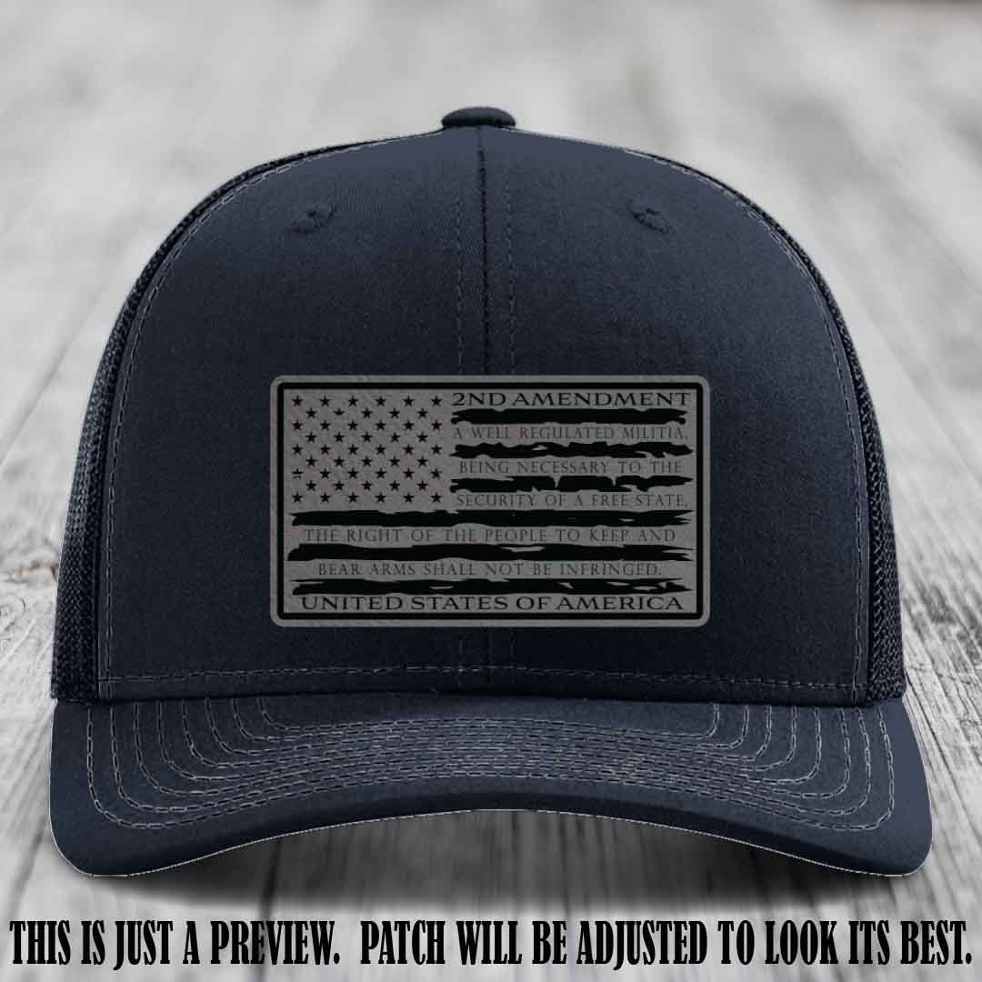 2nd Amendment Freedom Flag Grey to Black Patch Leather patch on Richardson 112 trucker hats - Navy Hat