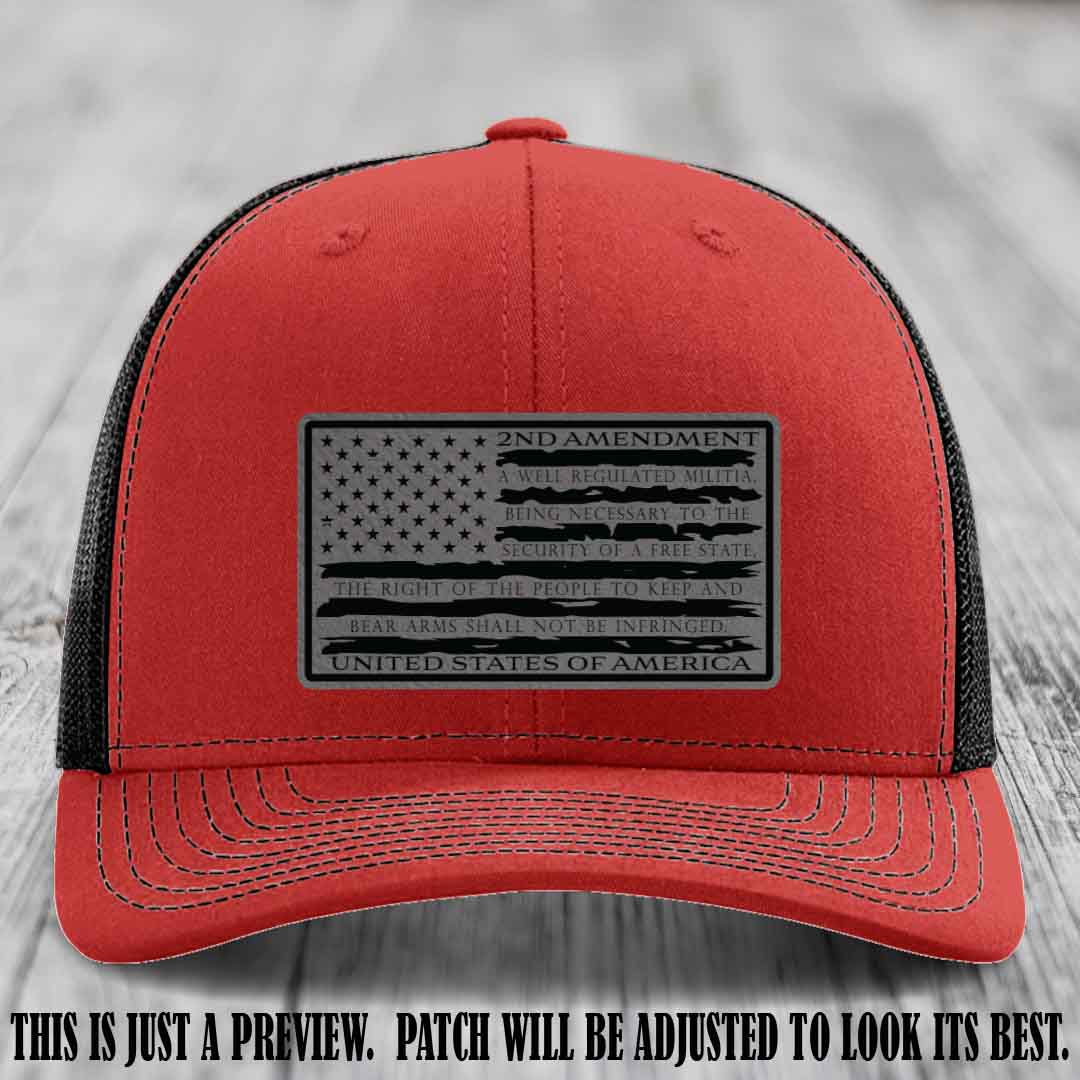 2nd Amendment Freedom Flag Grey to Black Patch Leather patch on Richardson 112 trucker hats - Red to Black Hat