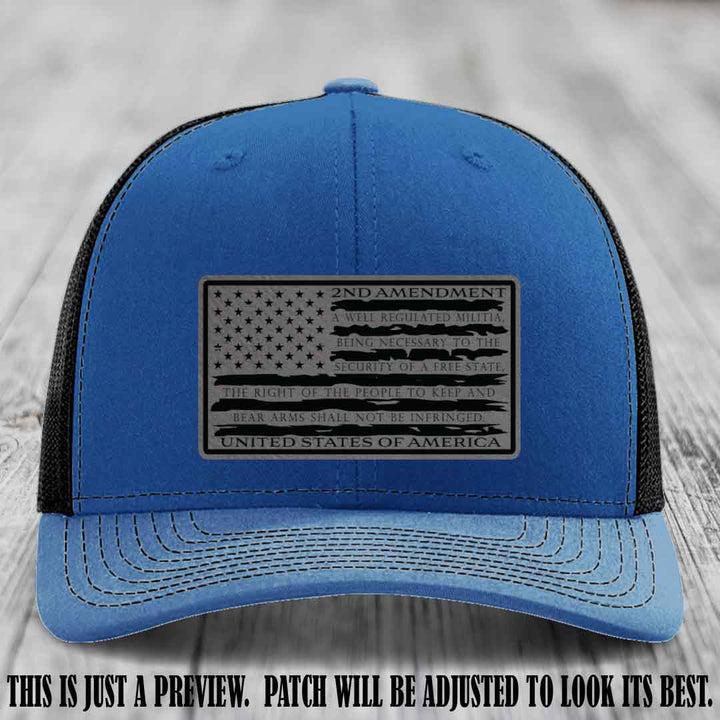 2nd Amendment Freedom Flag Grey to Black Patch Leather patch on Richardson 112 trucker hats - Royal to Black Hat