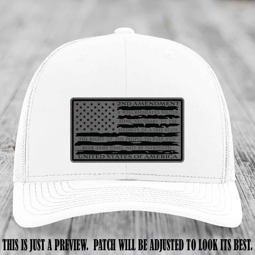 2nd Amendment Freedom Flag Grey to Black Patch Leather patch on Richardson 112 trucker hats - White Hat