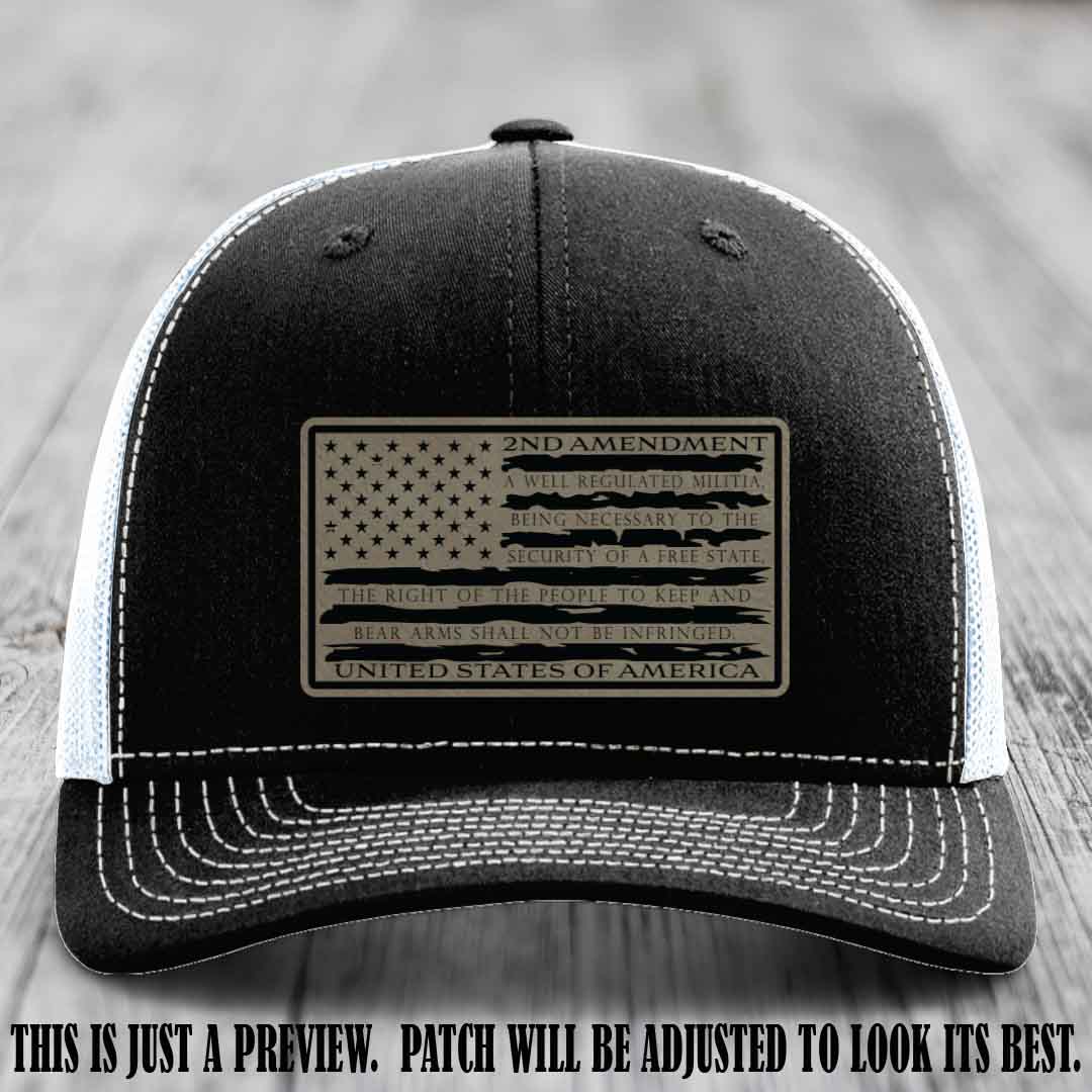 2nd Amendment Freedom Flag Light Brown to Black Patch Leather patch on Richardson 112 trucker hats - Black to White Hat