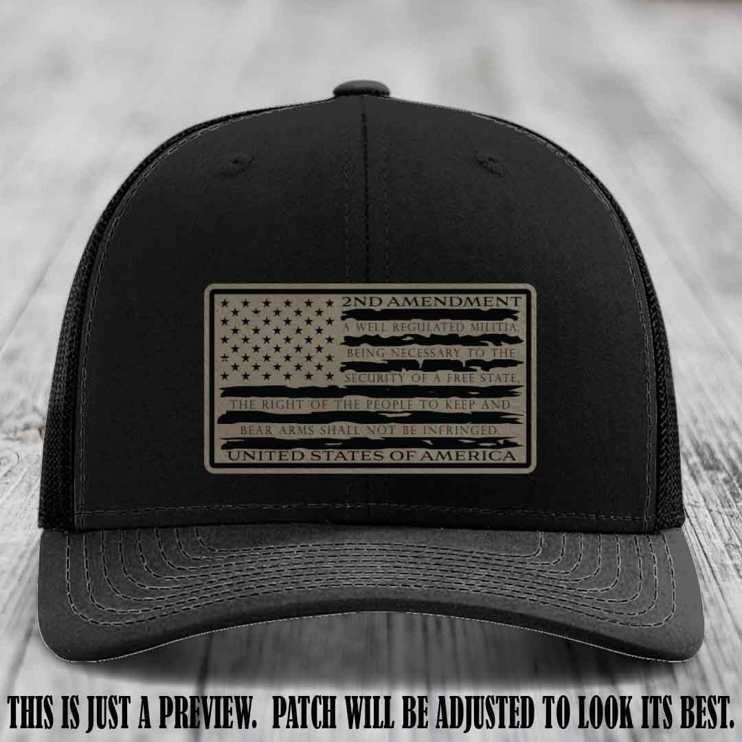 2nd Amendment Freedom Flag Light Brown to Black Patch Leather patch on Richardson 112 trucker hats - Black Hat