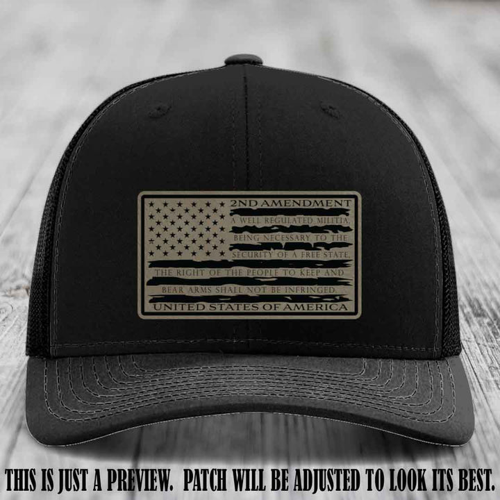 2nd Amendment Freedom Flag Light Brown to Black Patch Leather patch on Richardson 112 trucker hats - Black Hat