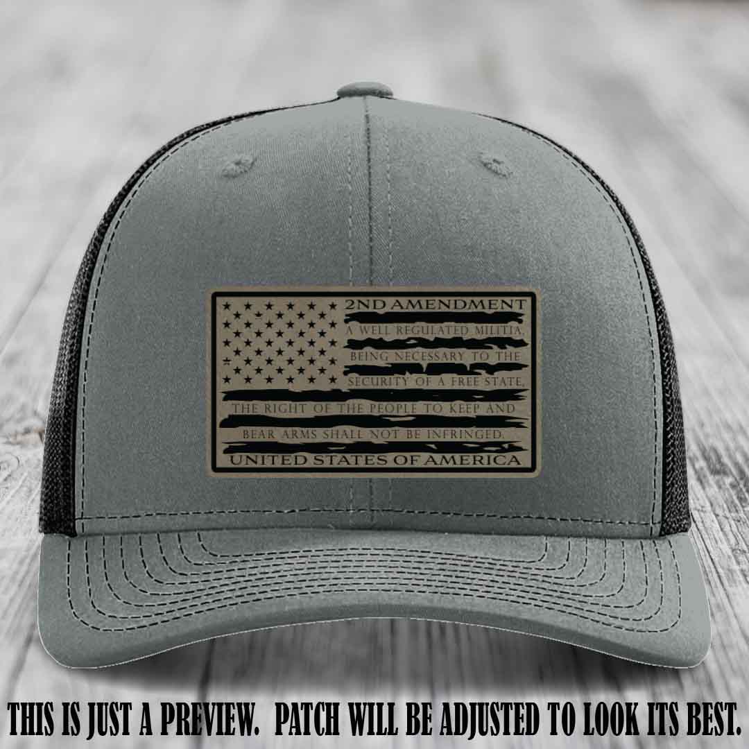 2nd Amendment Freedom Flag Light Brown to Black Patch Leather patch on Richardson 112 trucker hats - Heather Grey to Black Hat