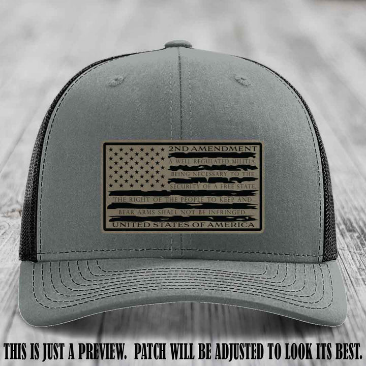 2nd Amendment Freedom Flag Light Brown to Black Patch Leather patch on Richardson 112 trucker hats - Heather Grey to Black Hat